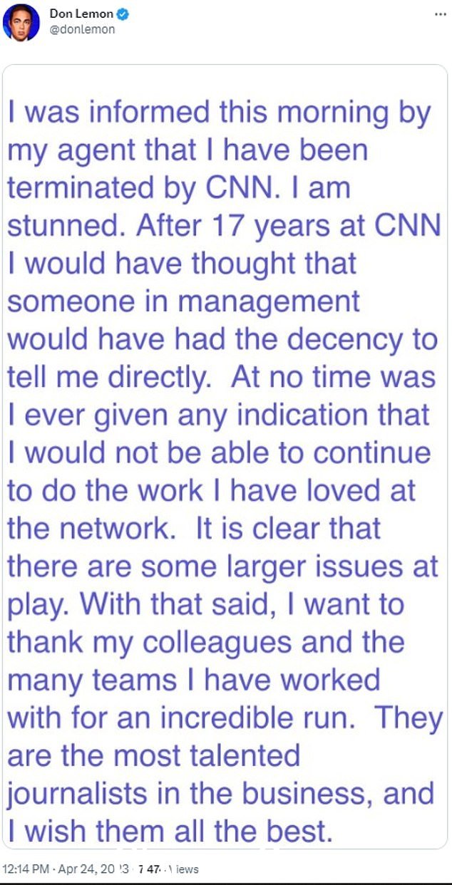 Don Lemon 在推特上表达了他周一下午被 CNN 解雇的愤怒