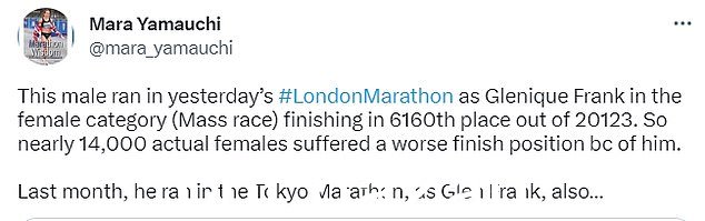Yamauchi,英国有史以来第三快的女性马拉松运动员,说“近 14,000 名实际女性的终点位置更差”,因为 Frank