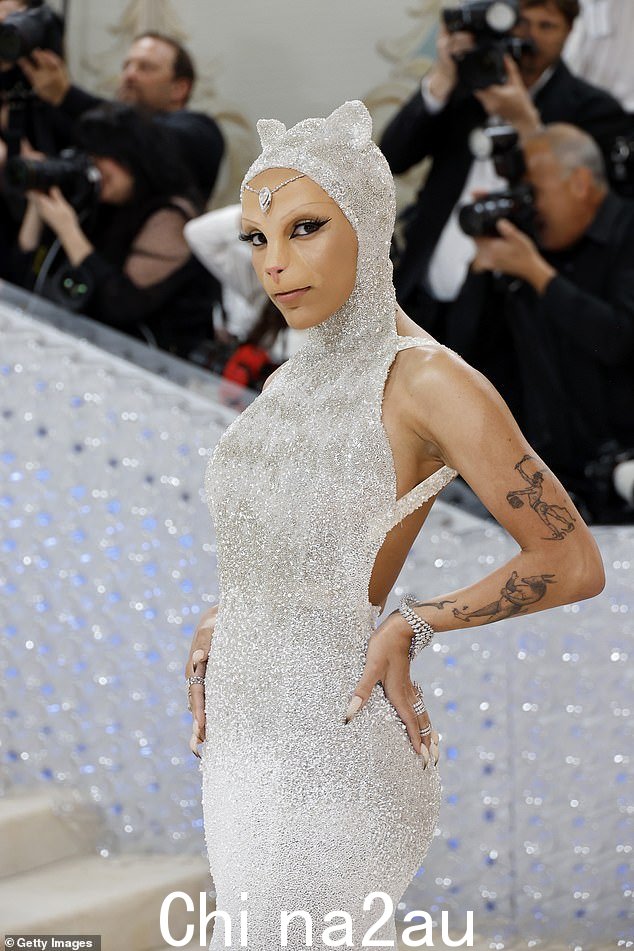Doja Cat!Doja Cat 在周一 2023 年 Met Gala 的红地毯上做出了一个面目全非的转身,变成了一只拥有引人注目的面部假肢的猫科动物