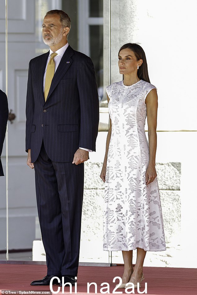 King Felipe VI 穿着细条纹蓝色西装,搭配黄色领带和白色衬衫,看起来很整洁