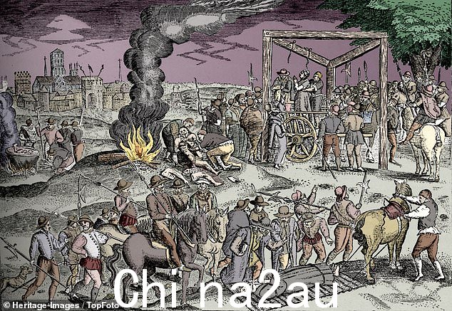 最可怕的惩罚是叛国罪。亚当斯以极其精确的方式描述了悬挂、绘制和四分之一的过程