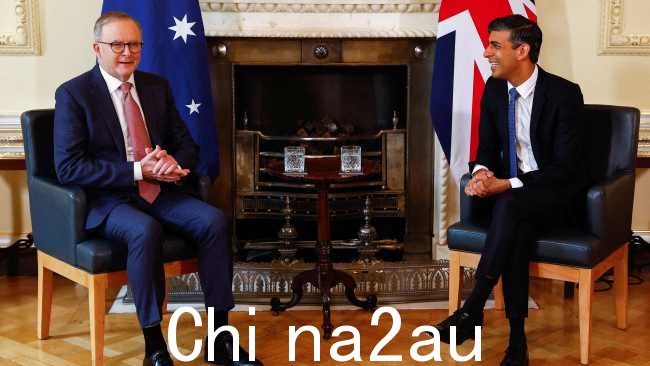 澳大利亚总理安东尼·艾博年会见了英国首相 Rishi Sunak贸易协定。图片:PETER NICHOLLS / POOL / AFP