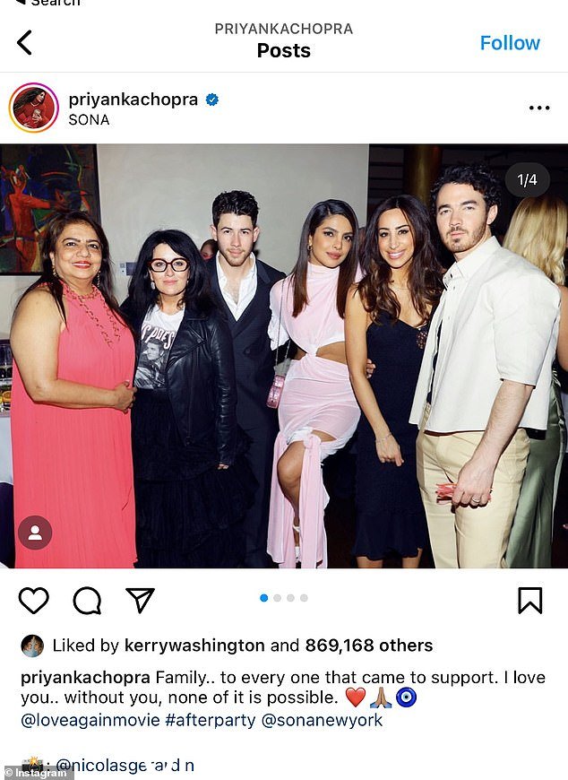 家庭支持:Chopra 在 Instagram 上分享了一些在电影首映期间拍摄的家庭照片周五在纽约市的 AMC 林肯广场;乔普拉和尼克乔纳斯与他的哥哥凯文乔纳斯、他的妻子丹妮尔乔纳斯以及尼克和普里扬卡的母亲合影