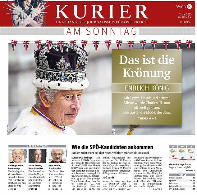 奥地利:在其周日版中,Kurier 报纸展示了一个微笑的查尔斯,以及标题:'这是至高无上的荣耀'