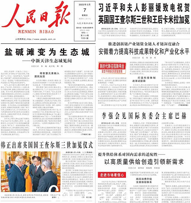 中国:人民日报(人民日报)——中国共产党中央委员会的官方报纸——在其头版使用了一张查尔斯在加冕典礼前后的活动中会见韩正的照片on Sunday
