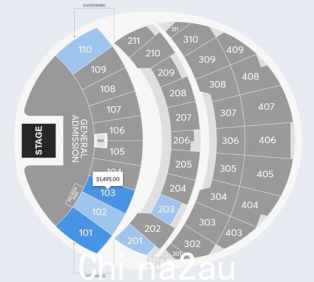 在 Ticketmaster 等公司发布的座位图中,被遮挡的座位 - 所有在抢手的 100 座位中都没有被标记为遮挡视图,尽管显示了由上面的 200 座位创建的“悬垂”的存在