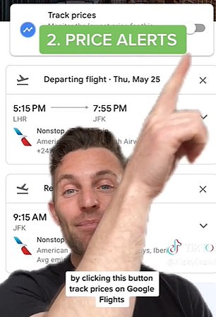 Nicky 告诉观众“点击 Google Flights 顶部的跟踪价格提醒”以访问独家优惠