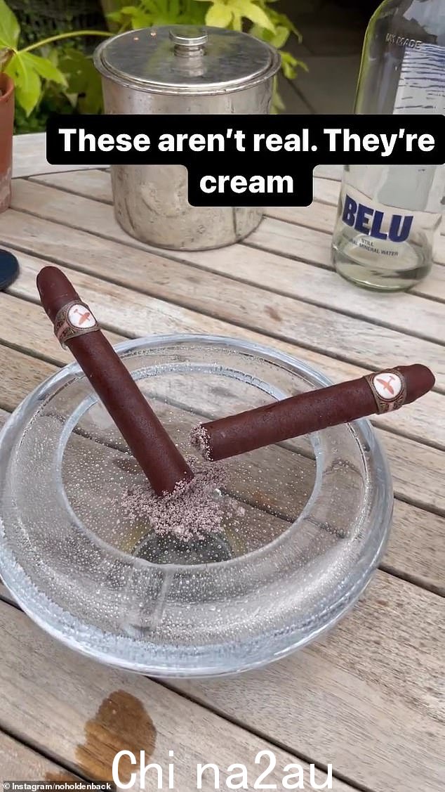 笑话:这位电视名人还在她的 Instagram 故事中分享了一个片段,展示了烟灰缸上的雪茄,并解释说:'这些不是真的。它们是奶油'