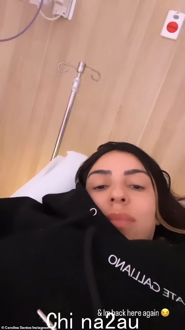  Carolina Santos（如图）在医院过夜。这位一见钟情的新娘周二晚上在她的 Instagram 故事中分享了一段在她医院病床上的对峙视频