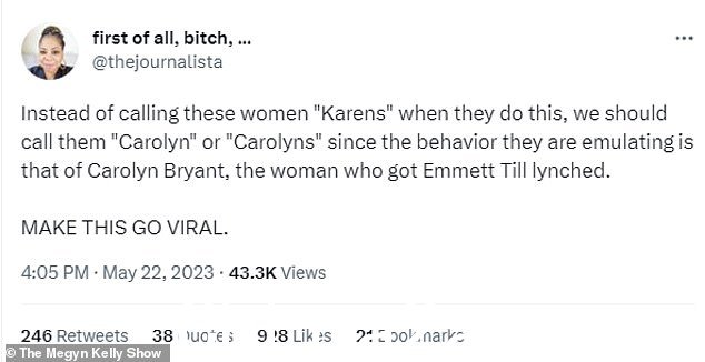 Kelly 批评活动家和社交媒体用户将这名白人女性抹黑为“CitiBike Karen”,并将她与 Emmett Till 的原告进行比较