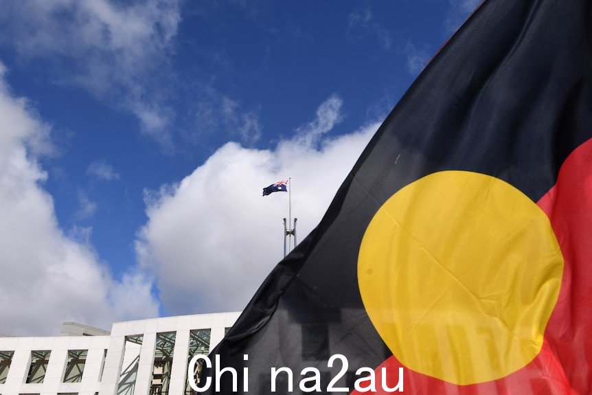 前景中的原住民旗帜, 议会大厦在后台