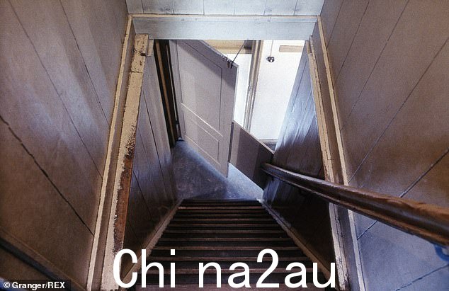 阿姆斯特丹安妮弗兰克之家后面的楼梯。进入藏身处的唯一途径是通过秘密入口