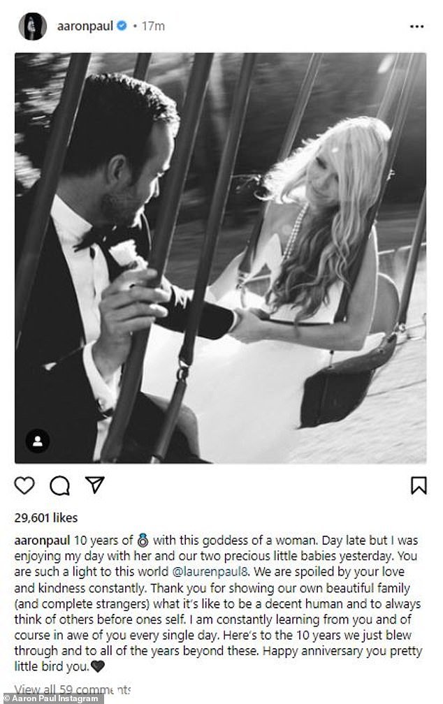 甜蜜:43 岁的 Aaron Paul 在 5 月 26 日结婚 10 周年之际向 36 岁的妻子 Lauren Parsekian 表达了甜蜜的敬意