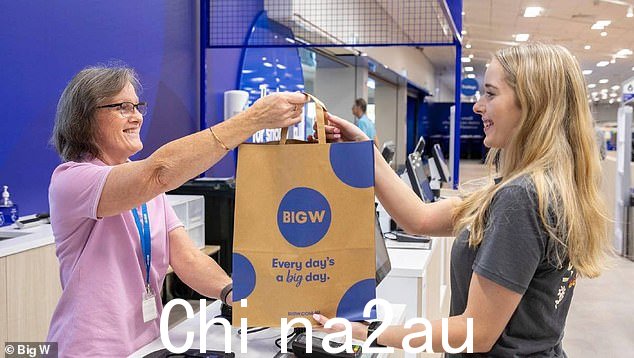 Big W 正在逐步淘汰可重复使用的塑料袋,取而代之的是再生纸选项(如图)