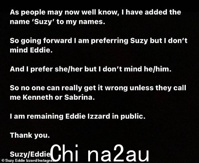 所有变化:Suzy Eddie Izzard 在揭露她 30 多年前作为变性人出柜后所面临的公众敌意后,证实了她名字的显着变化
