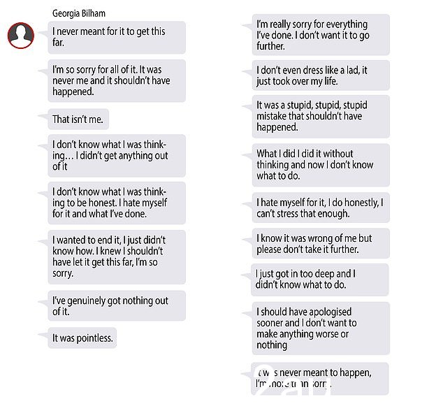 早些时候,法庭被告知 Bilham 向所谓的受害者发送了此处模拟的短信