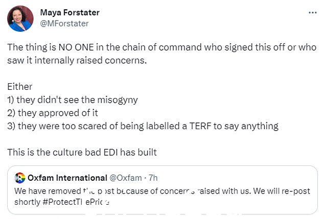 Maya Forstater,商业研究和国际发展研究员,指责乐施会‘妖魔化保护措施,妖魔化老年妇女,提倡对儿童进行双乳房切除术,大量骚扰性别歧视员工’