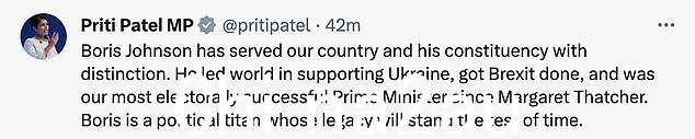 Priti Patel 在辞职消息传出后向鲍里斯致敬