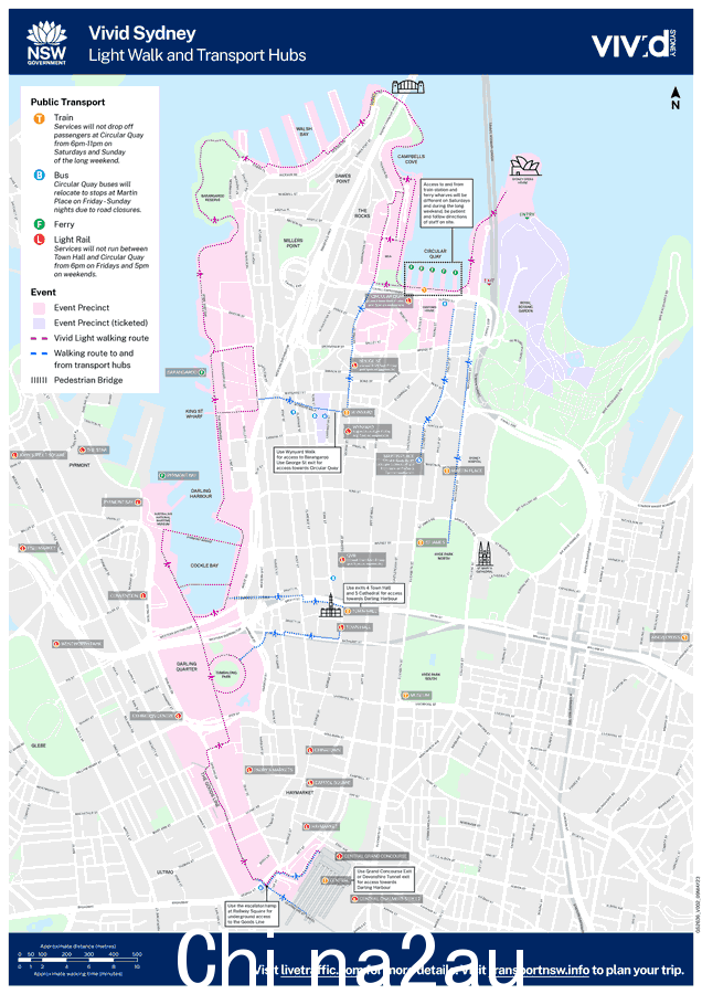 缤纷悉尼灯光音乐节 8.5km今年灯光步道更大更亮，沿途安装了数百个装置。您不可能在一晚内看到全部，因此请计划几个晚上的 Vivid Sydney 体验，参观城市中的三个主要区域。

最好的出行方式是乘坐公共交通工具，所有 Vivid Sydney 区都在主要交通枢纽的步行距离之内，还有许多额外的服务可以帮助您到达那里并再次回家。

使用我们的‘Vivid Sydney Light Walk and Transport map’找到您的路并提前计划。”/></p><p style=