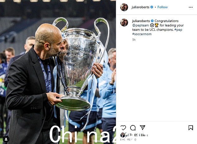 罗伯茨在Instagram上祝贺曼城和瓜迪奥拉