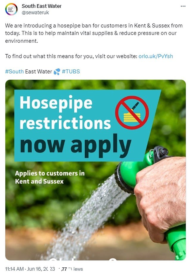 东南水务请求仅使用 ess从 Haywards Heath 到 Whitstable 的家庭今天开始提供必要的饮用水,并将于 6 月 26 日起强制执行