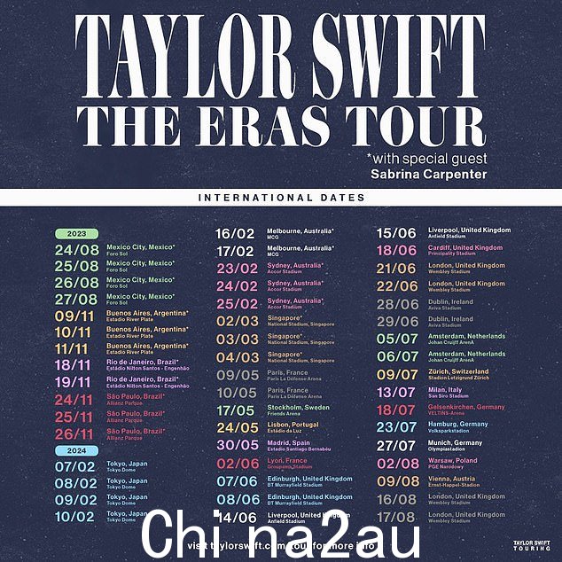 Frontier Touring 于周三凌晨 2 点在 Twitter 上分享了泰勒·斯威夫特 (Taylor Swift) 澳大利亚巡演的消息,并写道:“我们很高兴宣布泰勒·斯威夫特 (Taylor Swift) 将返回澳大利亚”,然后透露特邀嘉宾 Sabrina Carpenter 也将加入她的行列'