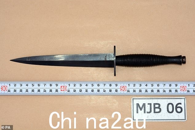 Mair 在心脏、肺、胃和肝脏被刺伤后,恶毒地袭击了两个孩子的母亲,在她试图保护头部时向她的手开了三枪。图为警方在袭击中回收的刀