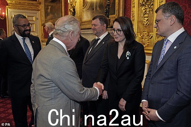 外交大臣詹姆斯·克莱弗利(左)和查尔斯国王在宫殿会见来自乌克兰的官员