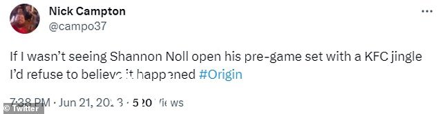 'NRL 刚刚让 Shannon Noll 表演了一首关于肯德基周五晚上足球叮当声的完整歌曲吗?' Twitter 上一位困惑的观众问道