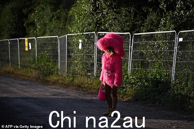 一位身穿粉色服装、背着配套包袋的音乐节常客站在围栏旁