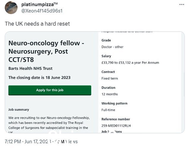 在一篇吸引了 910 万次浏览和 1,000 多次转发的 Twitter 帖子中,一名用户写道“英国需要硬重置”。 '无语。另一位用户回应道:“我希望没有人申请”。 “英国是对医生工作最没有吸引力的国家之一”,我想说我很震惊。恐怕我不是,' 是其他回应中的“ class=