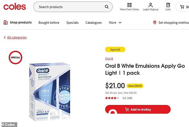 目前该产品在Coles 21 美元起，60 美元起（如图）。Chemist Warehouse 售价为 44.99 美元。价格比较让其他人质疑 The Reject Shop 为何能够以如此低的价格出售商品”/></p> <p style=