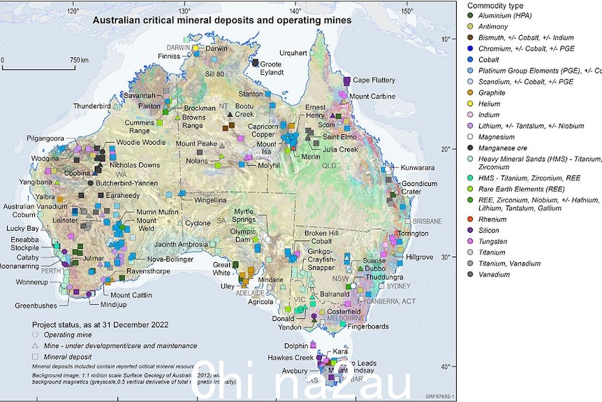 显示澳大利亚各地关键矿藏和项目的地图。