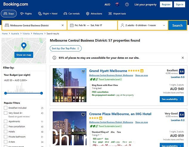 根据 Booking.com,墨尔本中央商务区 93% 的酒店已售完