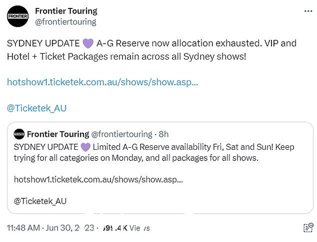 Ticketek 于周五上午 10 点(悉尼)和下午 2 点(墨尔本)开始常规销售,数小时内,这位流行偶像演唱会的所有日期均售罄