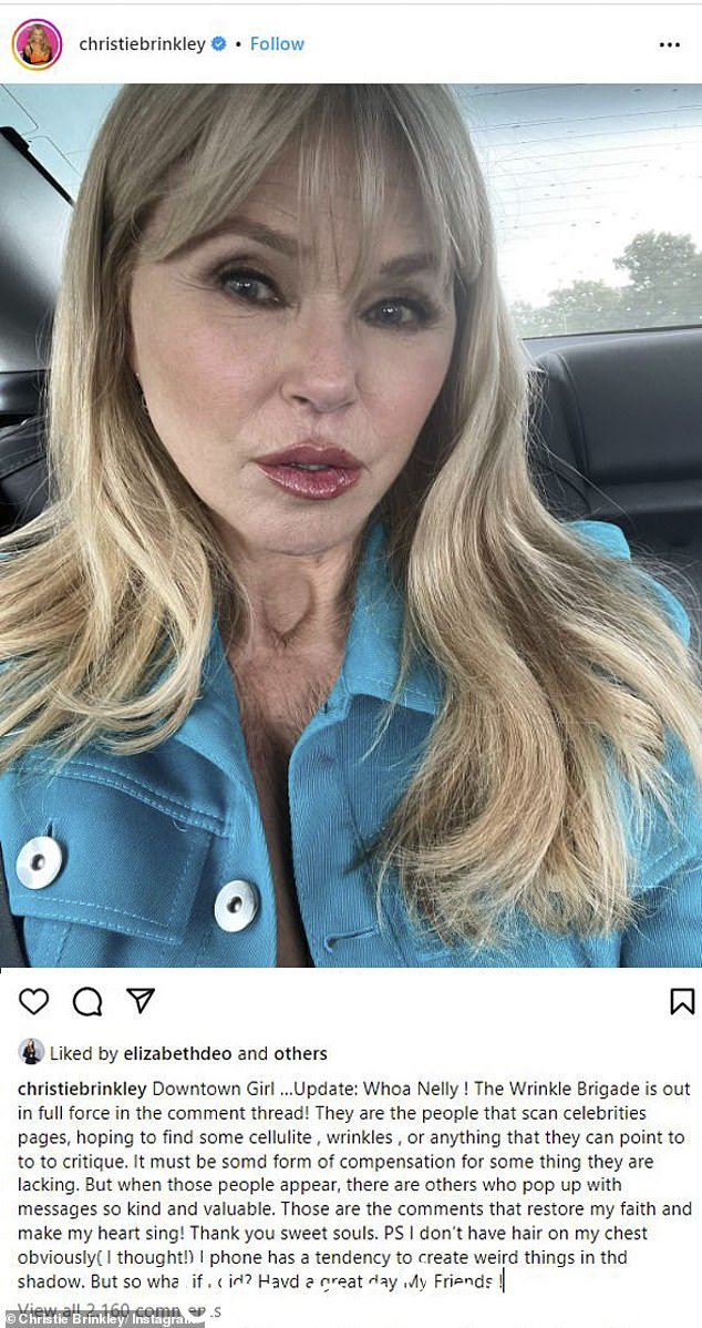 反驳:69 岁的克里斯蒂·布林克利 (Christie Brinkley) 重新审视了她周四发布的 Instagram 帖子,反驳了那些在她发布无滤镜自拍照后留下不友善言论的人