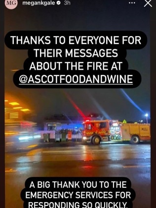 梅根·盖尔（Megan Gale）感谢紧急服务部门对阿斯科特食品+葡萄酒店（Ascot Food + Wine）火灾的迅速反应。图片：Instagram