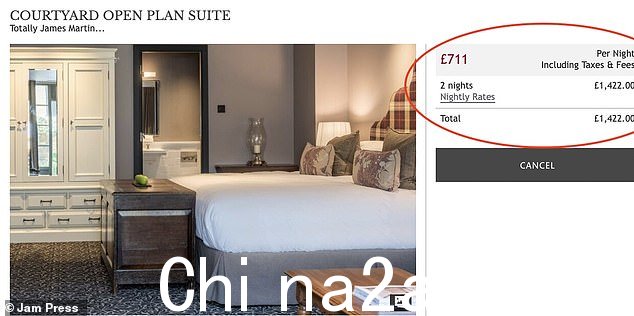 选择庭院开放式套房的客户将支付 1,400 英镑两晚住宿费用,其中包括早餐、下午茶和每人 65 英镑的晚餐