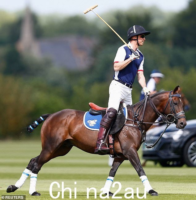 王子今天上场时穿着一双漂亮的白色马裤和一件海军蓝色 Polo 衫