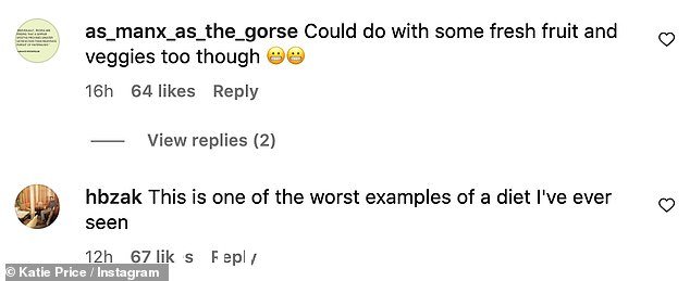 哎呀:粉丝们在评论部分分享了他们的想法,其中一个人质疑:“没有蔬菜?”