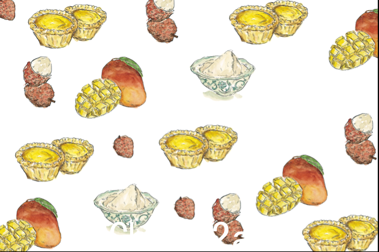 来自中国食谱的甜点插图，包括芒果、荔枝、蛋挞，由 Joanna Hu 绘制。