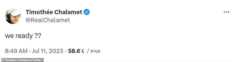 男主角 Timothée 在预告片发布前 10 分钟调侃预告片的发布,他在 Twitter 上发帖称:“我们准备好了??”