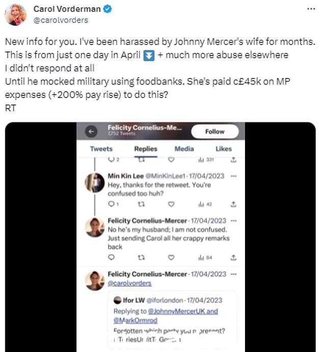 Carol Vorderman 今天指责 Johnny Mercer 的妻子在 Twitter 上“骚扰”她