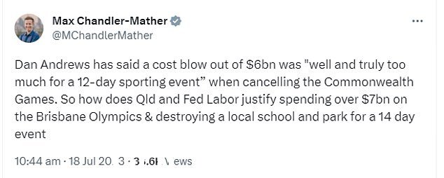绿党议员 Max Chandler-Mather 正在带头让布里斯班效仿并取消 2032 年夏季奥运会。推文如图