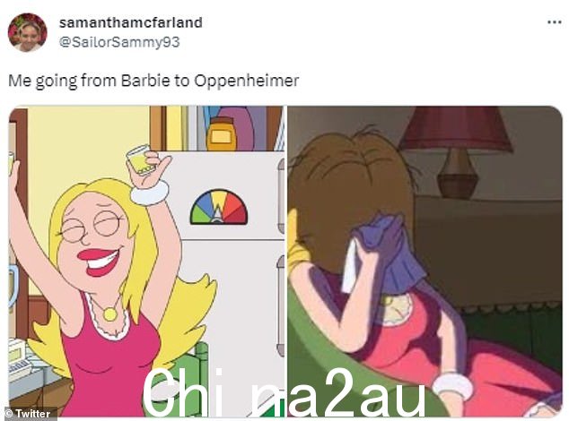 我选哪一个!虽然粉丝们担心他们必须在 Barbie v Oppenheimer 之战中选择一方,但他们意识到两者可以共存,并创造了联合术语“Barbenheimer”来伴随网上出现的一系列笑话和恶搞” class=