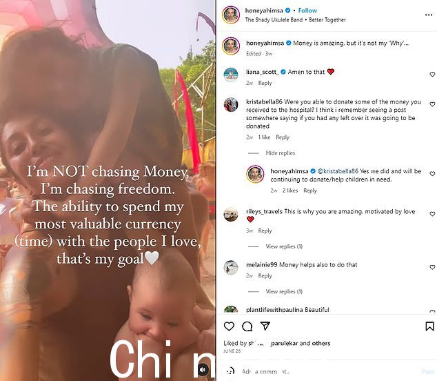 Honey Ahimsa 的 37,000 名粉丝之一询问她是否捐赠了一些她回应说:“是的,我们做了,并将继续捐赠/帮助有需要的儿童。” class=