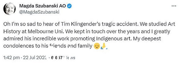 Magda Szubanski 表示听到 Klingender 先生去世的消息她感到很难过并分享她在 Twitter 上向其家人表示哀悼(如图)