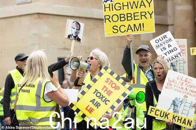 Protesters demand an end to plans to expand the ULEZ scheme at a demonstration outside BBC Broadcasting House yesterday