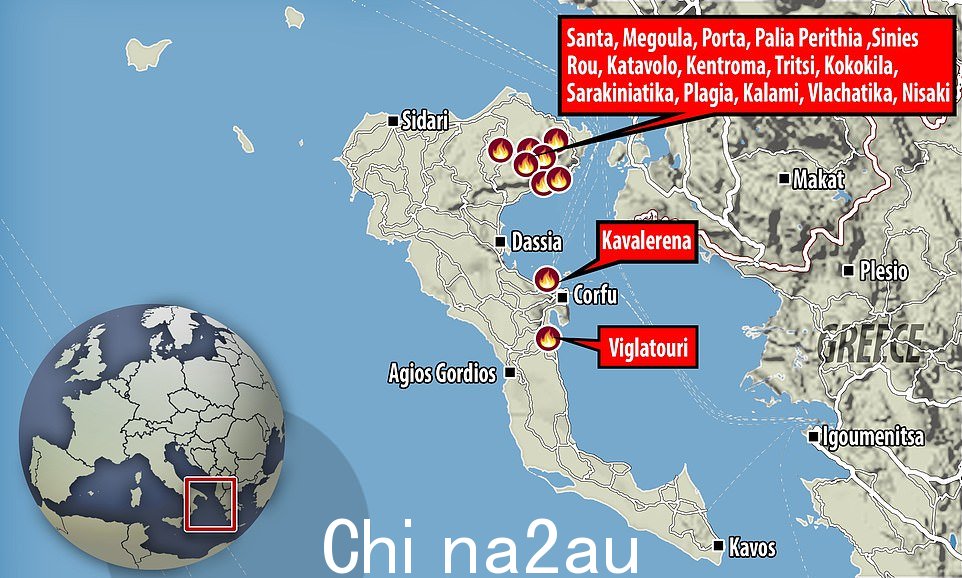 希腊紧急通信服务中心已警告居住在 Santa、Megoula、Porta、Palia Perithia 和 Sinies 的人们撤离到 Kasiopi。 Rou、Katavolo、Kentroma、Tritsi、Kokokila、Sarakiniatika、Plagia、Kalami、Vlachatika、Kavalerena 的度假者也应该立即疏散到 Ipsos。 Viglatouri 和 Nisaki 的英国人应该逃到 Barbati