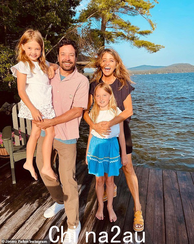 Blissful: While Fallon and family were not seen outside the shindig, he recently shared a rare photo with his wife and kids on Instagram